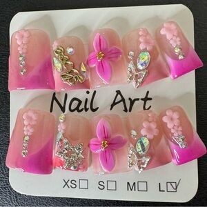 Pink stylish duck beak style nails with Embellished Nail Art- Set of 10